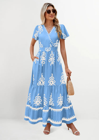 Womens Casual V Neck Boho Maxi Dress Flowy Aline Bell Sleeve Tiered Floral Dresses with Pocket