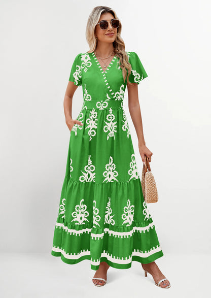 Womens Casual V Neck Boho Maxi Dress Flowy Aline Bell Sleeve Tiered Floral Dresses with Pocket