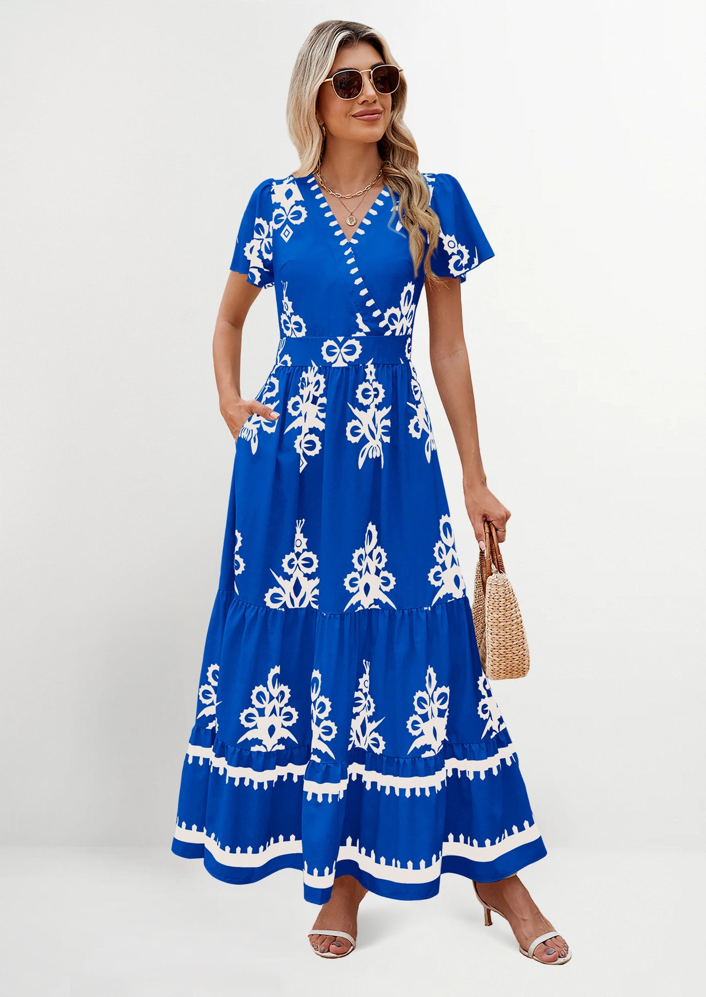 Womens Casual V Neck Boho Maxi Dress Flowy Aline Bell Sleeve Tiered Floral Dresses with Pocket