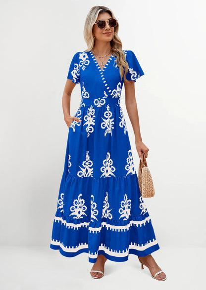 Womens Casual V Neck Boho Maxi Dress Flowy Aline Bell Sleeve Tiered Floral Dresses with Pocket