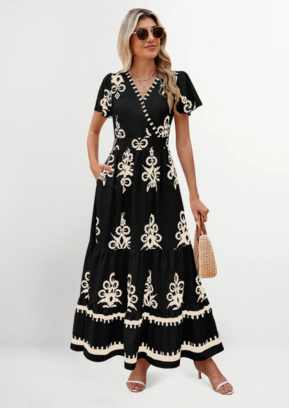Womens Casual V Neck Boho Maxi Dress Flowy Aline Bell Sleeve Tiered Floral Dresses with Pocket