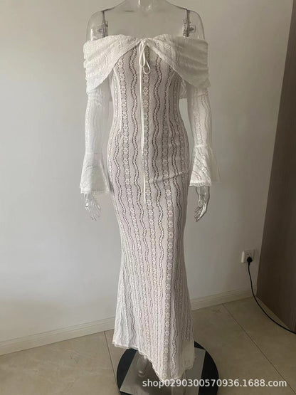 2024 autumn new product elegant sweet and spicy solid color one-word shoulder horn sleeve lace hollow dress long dress