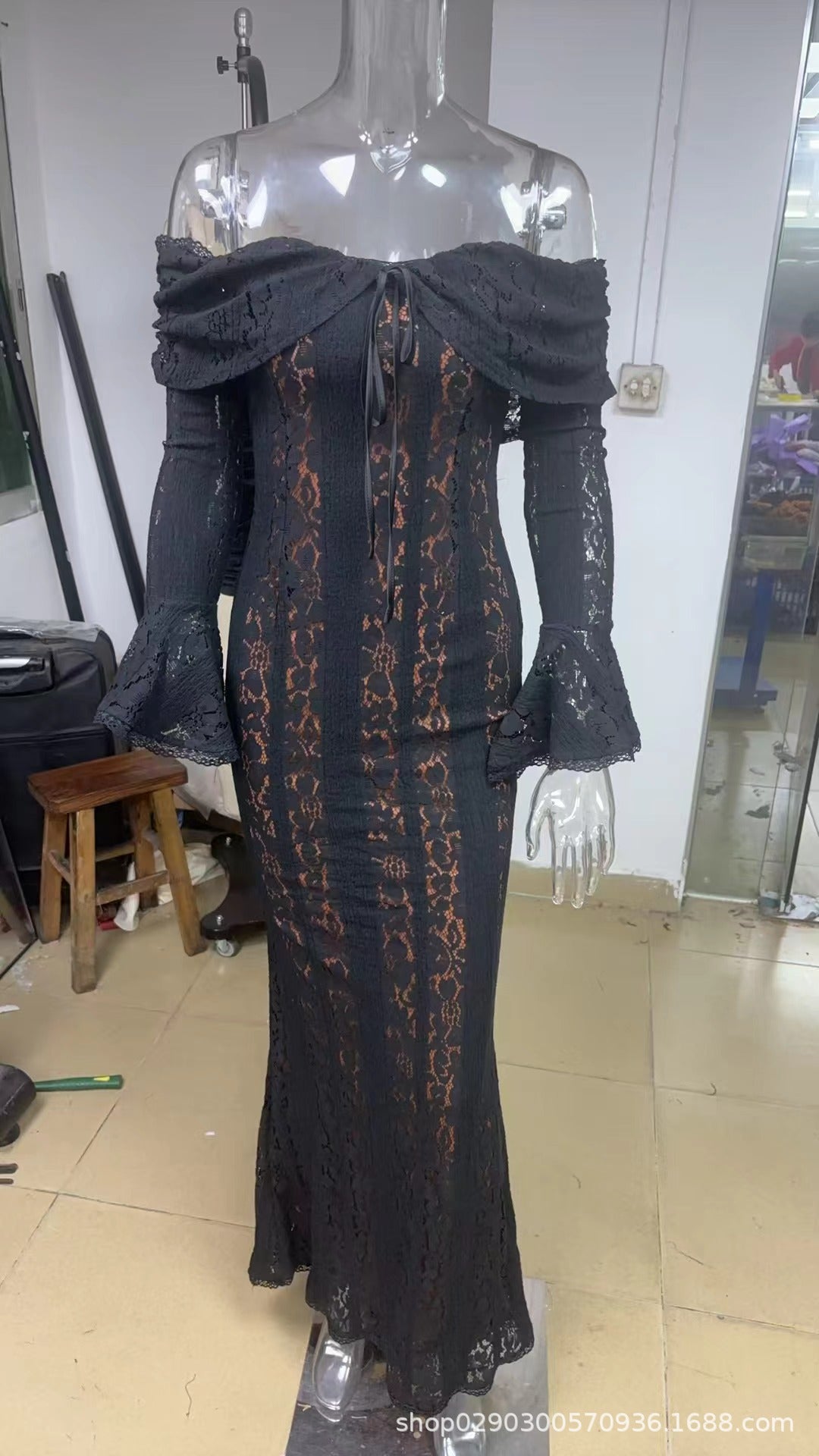 2024 autumn new product elegant sweet and spicy solid color one-word shoulder horn sleeve lace hollow dress long dress