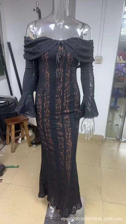 2024 autumn new product elegant sweet and spicy solid color one-word shoulder horn sleeve lace hollow dress long dress