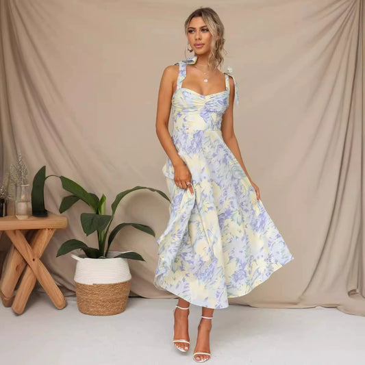 Women's Floral Tie Strap Sweetheart Neck Midi Dress Polyester Fabric 100% for Elegant Summer Party Outfit for Everyday