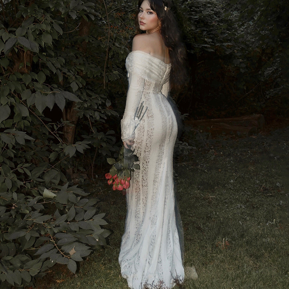 2024 autumn new product elegant sweet and spicy solid color one-word shoulder horn sleeve lace hollow dress long dress