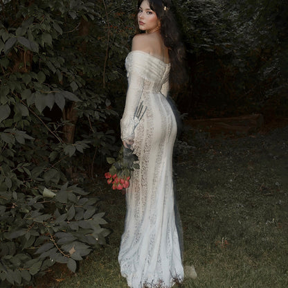 2024 autumn new product elegant sweet and spicy solid color one-word shoulder horn sleeve lace hollow dress long dress
