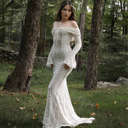2024 autumn new product elegant sweet and spicy solid color one-word shoulder horn sleeve lace hollow dress long dress