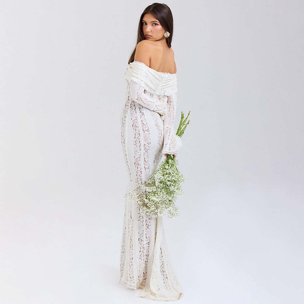 2024 autumn new product elegant sweet and spicy solid color one-word shoulder horn sleeve lace hollow dress long dress