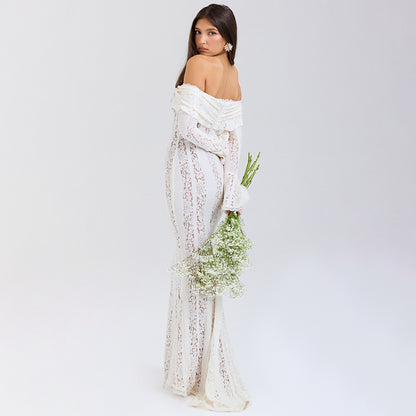2024 autumn new product elegant sweet and spicy solid color one-word shoulder horn sleeve lace hollow dress long dress
