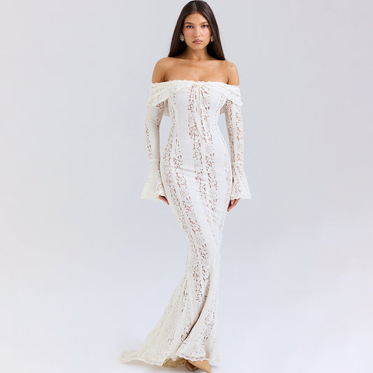 2024 autumn new product elegant sweet and spicy solid color one-word shoulder horn sleeve lace hollow dress long dress