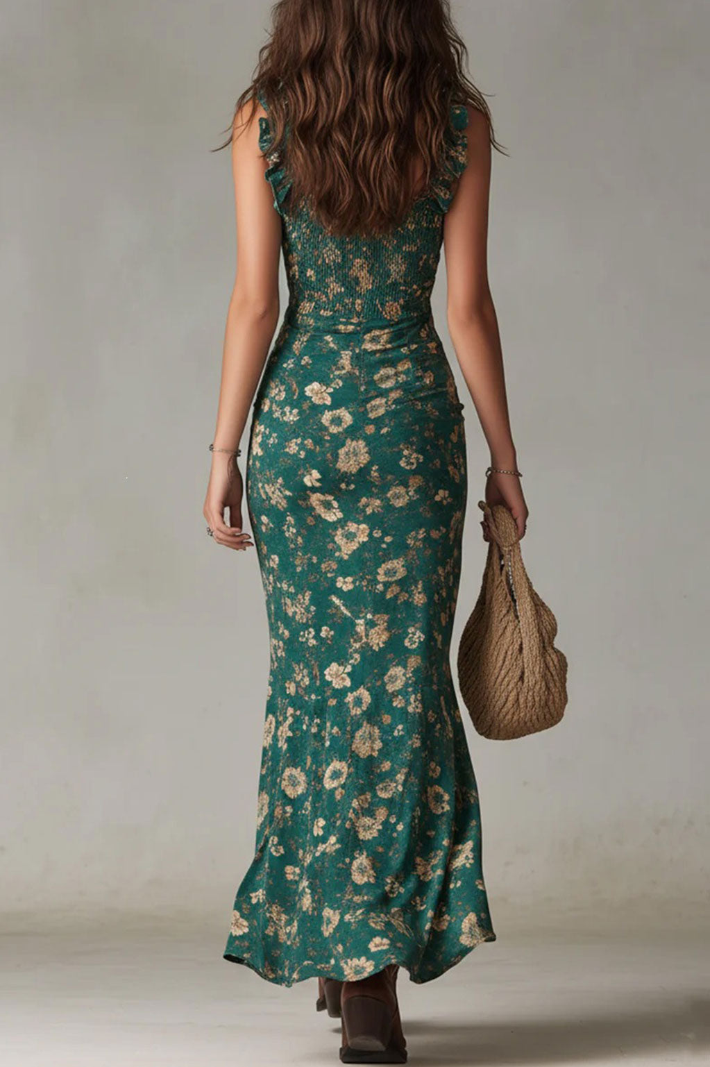 RUFFLED FLORAL SLIT MAXI DRESS