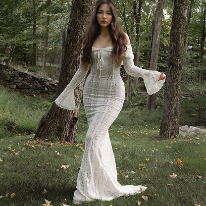 2024 autumn new product elegant sweet and spicy solid color one-word shoulder horn sleeve lace hollow dress long dress