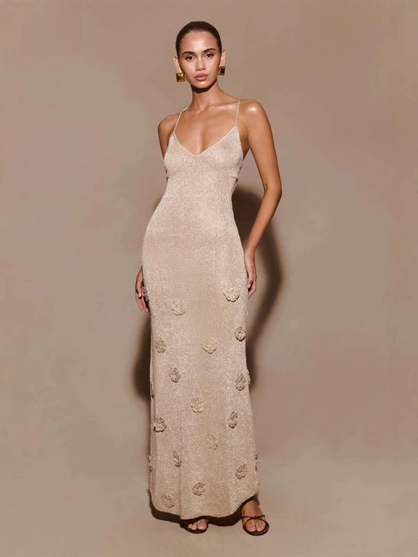Women's Knit Maxi Dress Spaghetti Strap Floral Dresses Bodycon Knitted Beach Long Dress Backless Swim Cover up Dresses