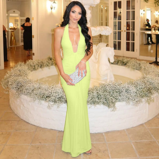 Womens Elegant Halter Deep V Neck Maxi Dress Sleeveless Boycon Backless Ruched Formal Long Dress