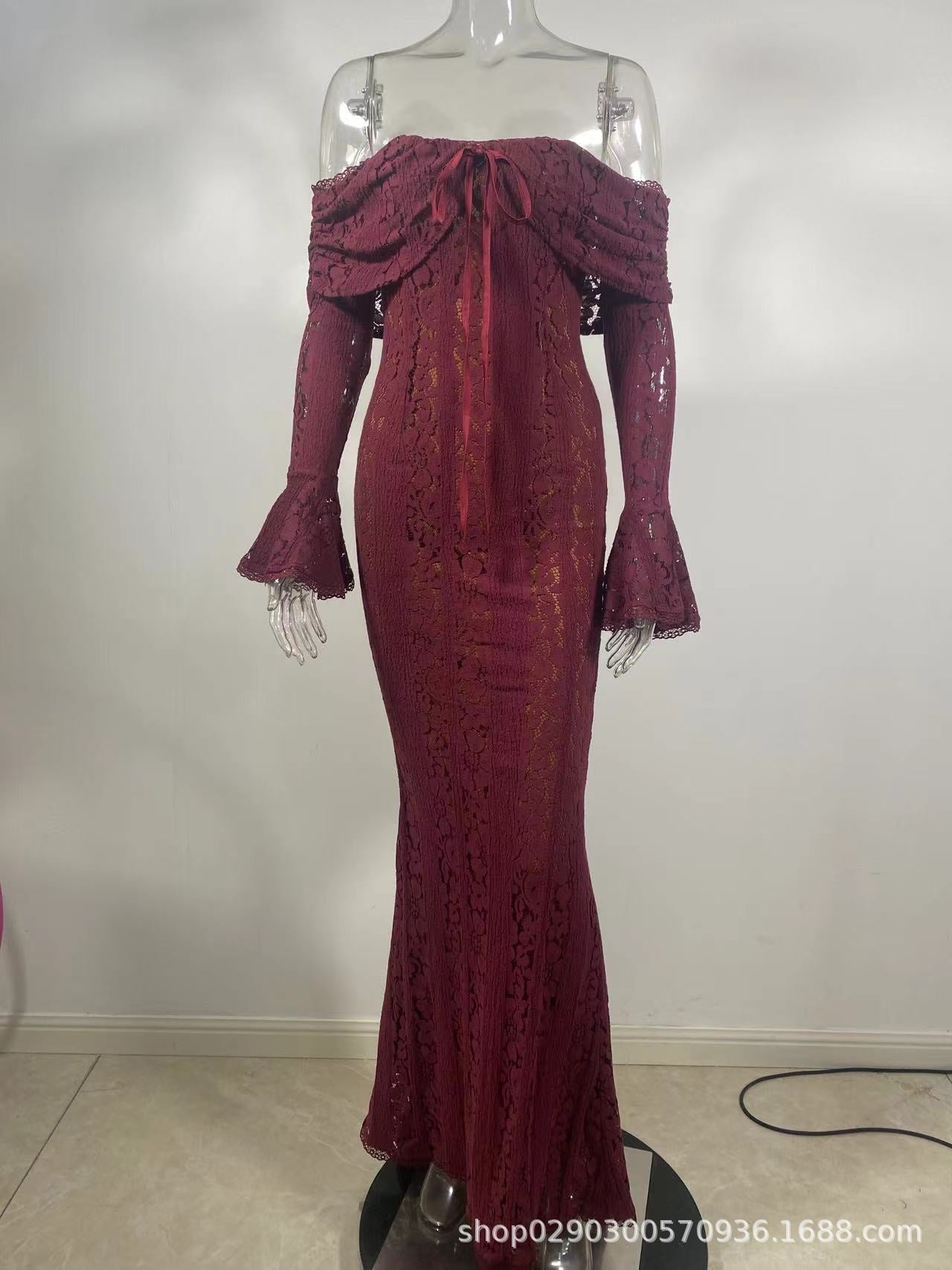 2024 autumn new product elegant sweet and spicy solid color one-word shoulder horn sleeve lace hollow dress long dress