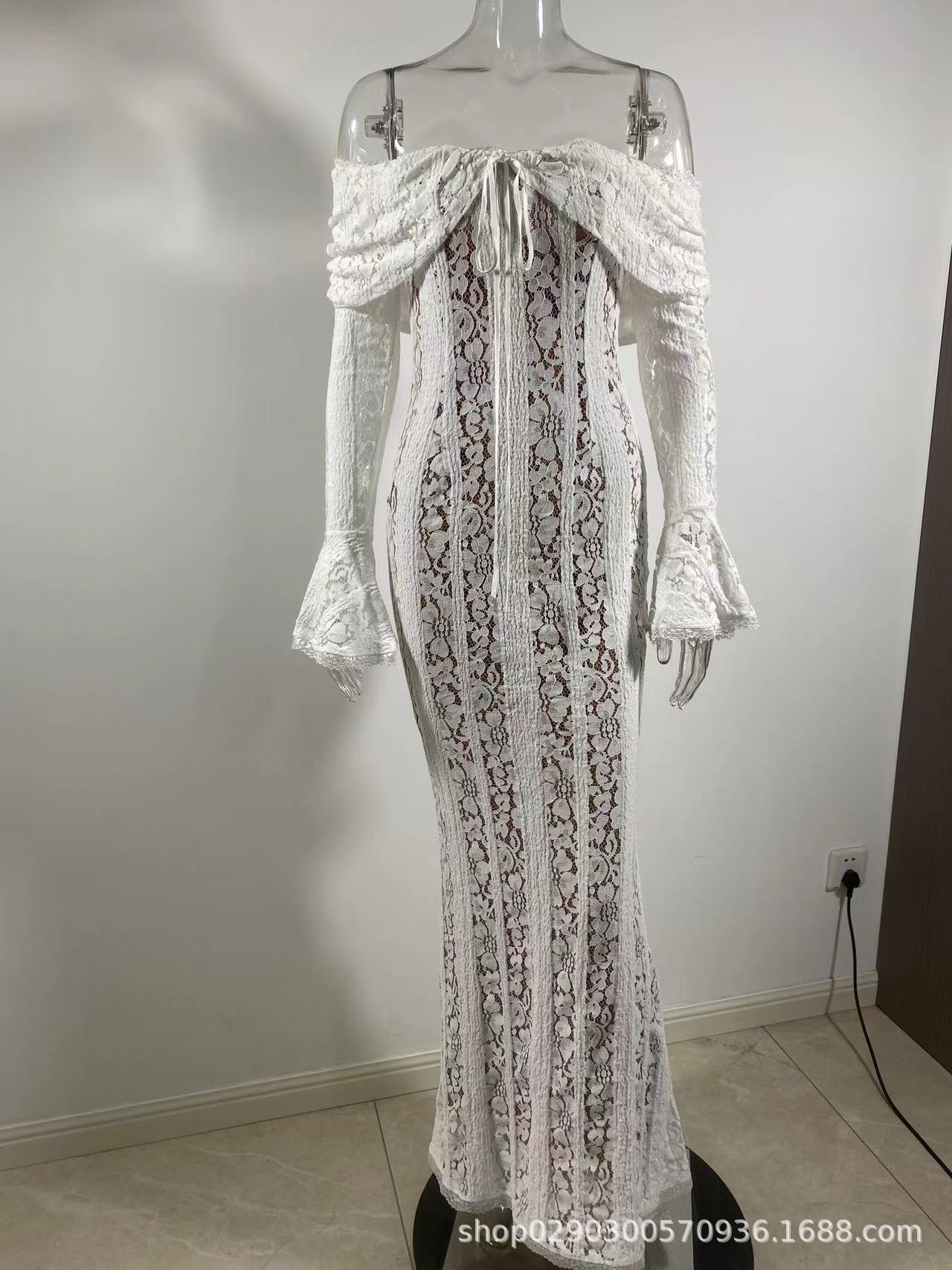 2024 autumn new product elegant sweet and spicy solid color one-word shoulder horn sleeve lace hollow dress long dress