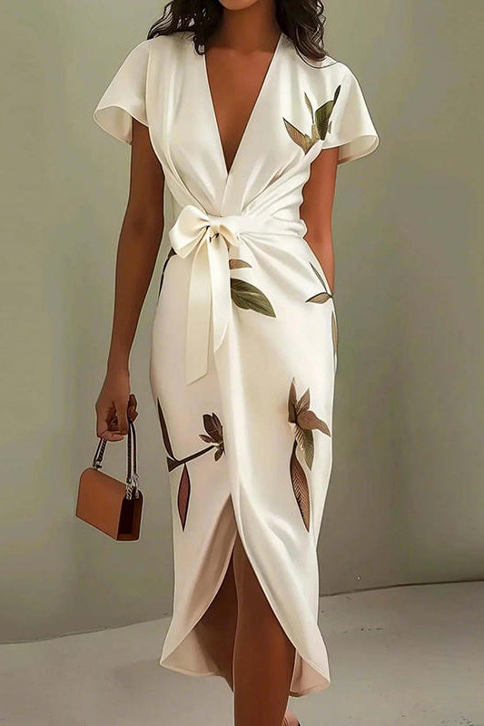 elegant white wrap maxi dress for women with v neck and bow refined feminine fashion perfect for events dinners and stylish occasions