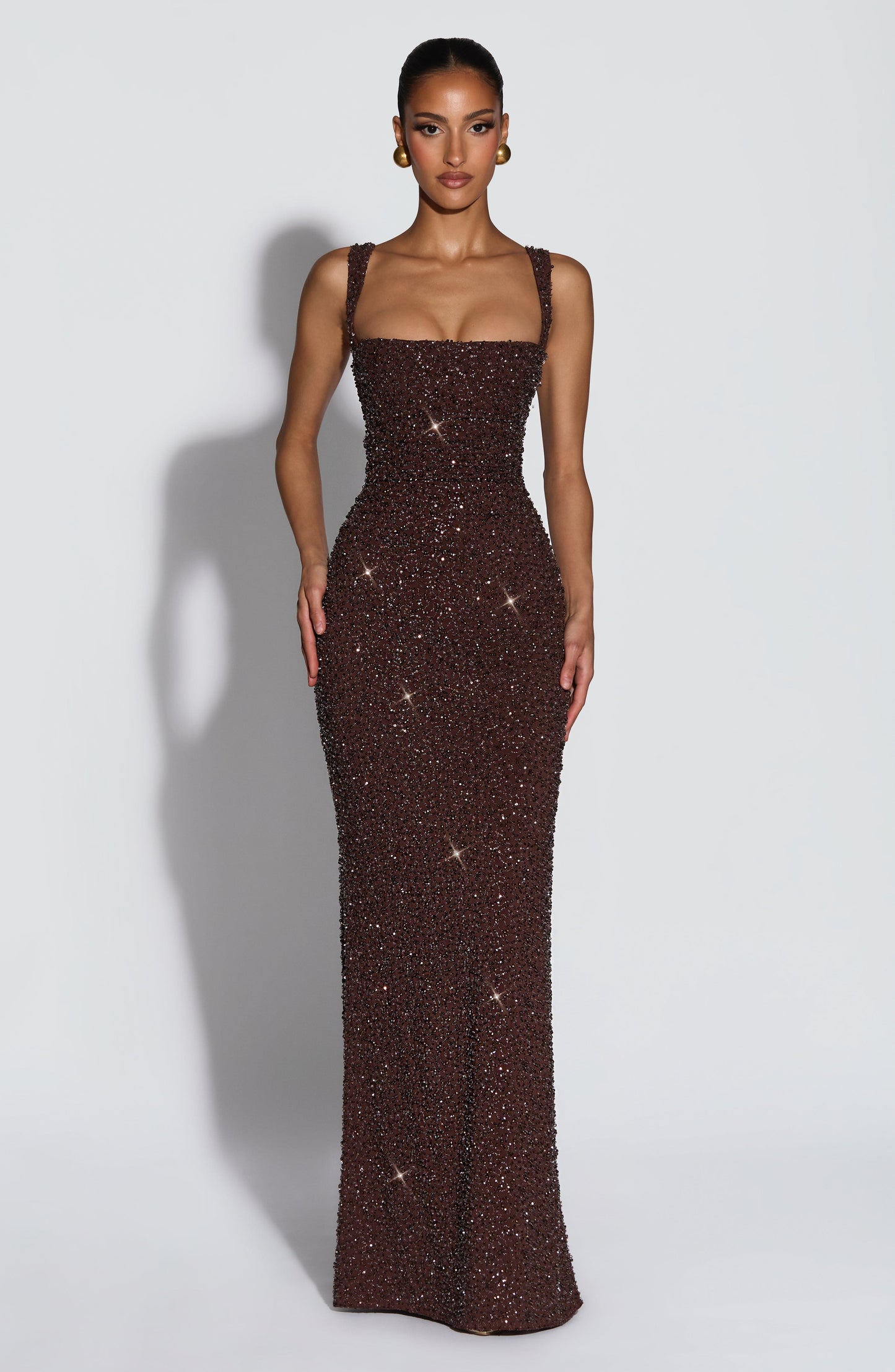 Calanthe Maxi Dress - Plum Brown Sparkle Dress XS Fardora Premium Exclusive Design