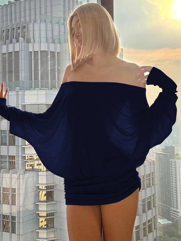 Women's Sheer Ruched Party Dress, Off-The-Shoulder Long Sleeve Women's Mini Dress for Spring & Fall