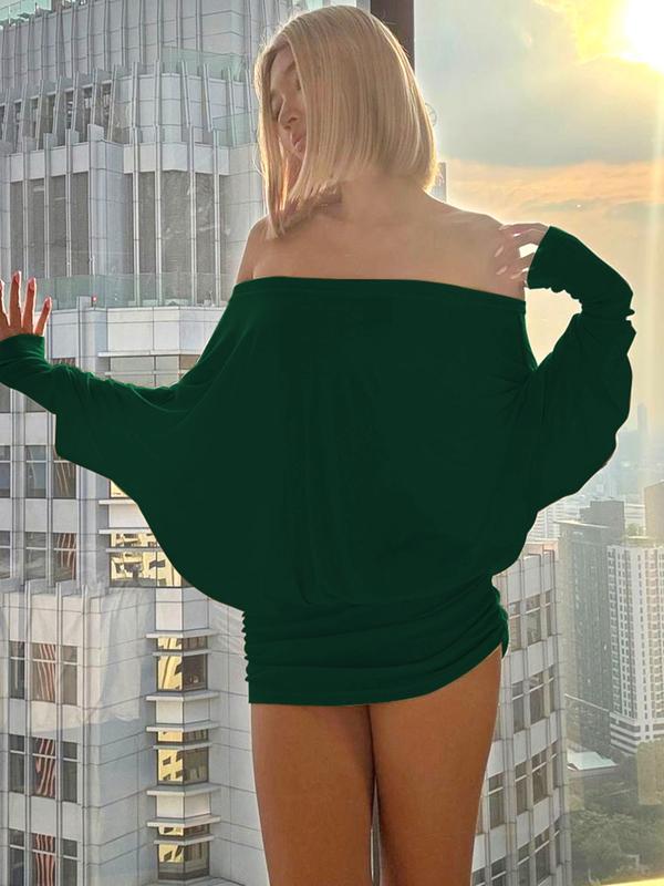 Women's Sheer Ruched Party Dress, Off-The-Shoulder Long Sleeve Women's Mini Dress for Spring & Fall