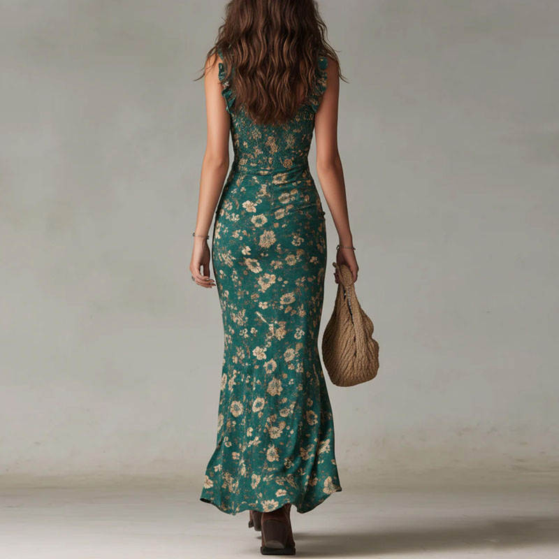 elegant green floral boho maxi dress for women back view with flowy irregular skirt sophisticated feminine fashion perfect for events and outings