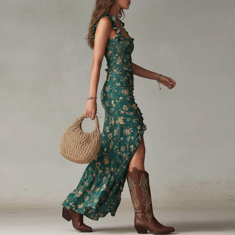 elegant green floral boho maxi dress for women side view with irregular skirt and high slit refined feminine fashion perfect for stylish occasions