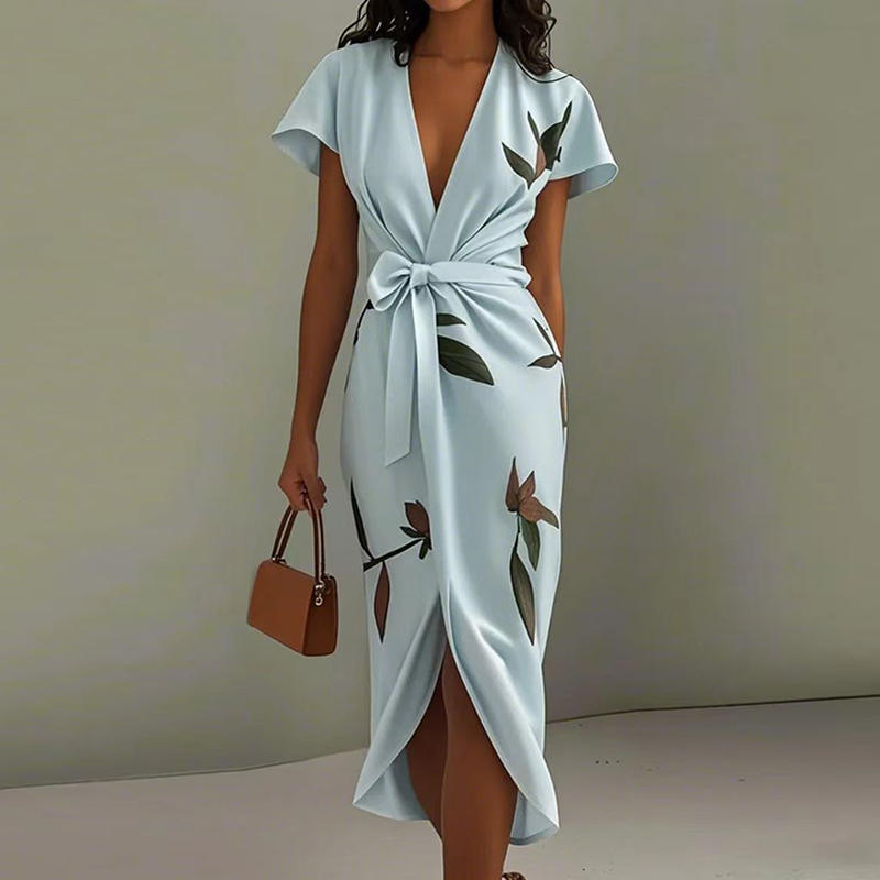 elegant light blue wrap maxi dress for women with v neck and bow sophisticated feminine fashion perfect for events and special occasions