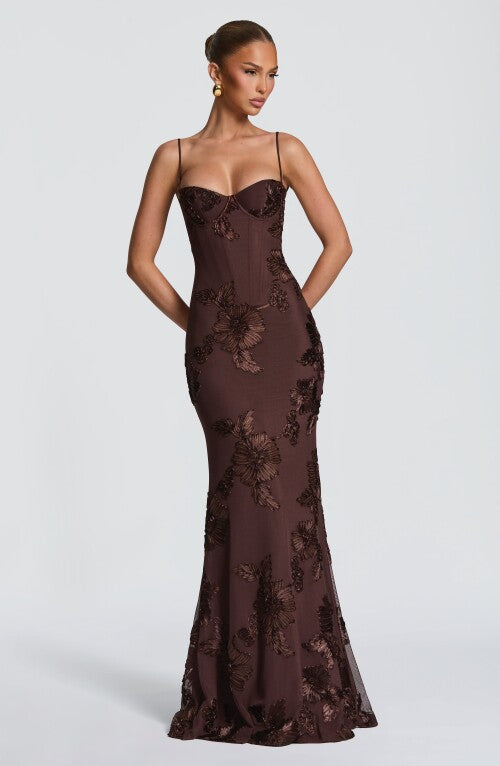 Nefertiti Maxi Dress - Plum Brown Dress XS Fardora Premium Exclusive Design